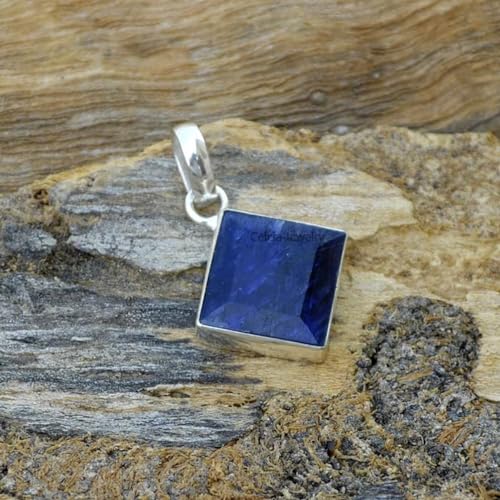 Celcia Jewelry Solid 925 Sterling Silver Pendant For Women Men, Genuine Blue Sapphire Square Gemstone Unique Handcrafted September Birthstone Pendant thumb #2