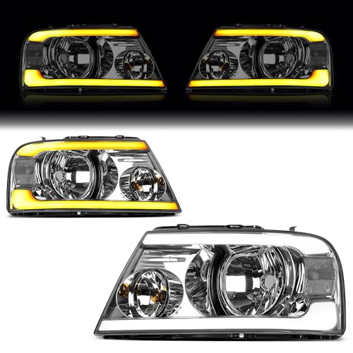 Image of OEDRO Switchback Turn Signal & LED DRL Headlights Compatible with 2004 2005 2006 2007 2008 Ford F-150 /06-08 Lincoln Mark LT Pickup Headlamps Replacement Smoke Lens