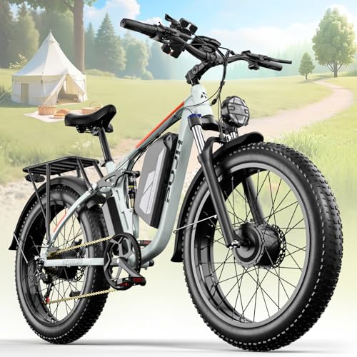 PHJU 6000W 60V Dual Motors Electric Bike for Men, 24'' Fat Tire Max 45 mph 100 Miles Full Suspension Hydraulic Brake Class 3 AWD Off Road Hunting Fast Ebike for Adults (White)