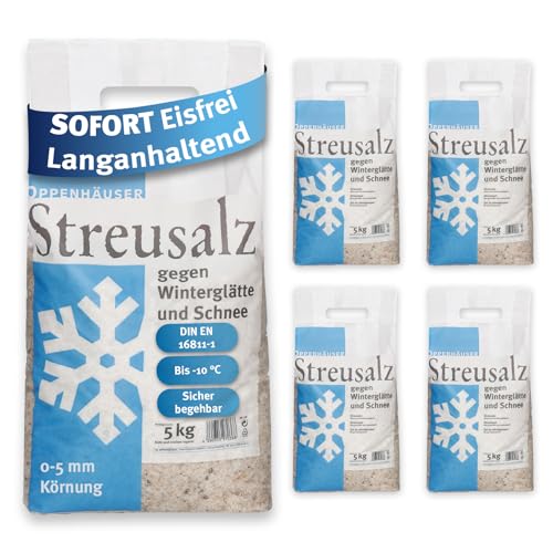 OPPENHÄUSER Streusalz 25kg: Sofort eisfrei & langanhaltend, Auftausalz gegen Glatteis, Winterstreu für sichere Gehwege, Einfahrten & Parkplätze, Kornklasse M, DIN EN 16811-1, Premium Qualität, 5x5kg