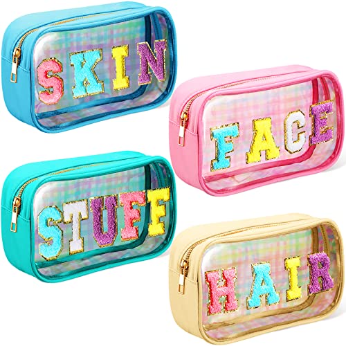 4 Pieces Chenille Letter Cosmetic Bag Set Nylon PVC Clear Waterproof Makeup Pouch Stuff Hair Travel Bag Zipper Multi Purpose Aesthetics Toiletry Organizer for Women Gym Travel Beach (Multicolor)