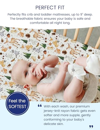Image of TotAha Crib Sheets for Boys Girls, Premium Soft Crib Mattress Fitted Sheet, Super Stretchy Jersey Knit Baby Sheets, Silky Comfort Baby Bed Sheets 28x52x9 Extra Deep Pocket, 2 Pack (Forest Animals)