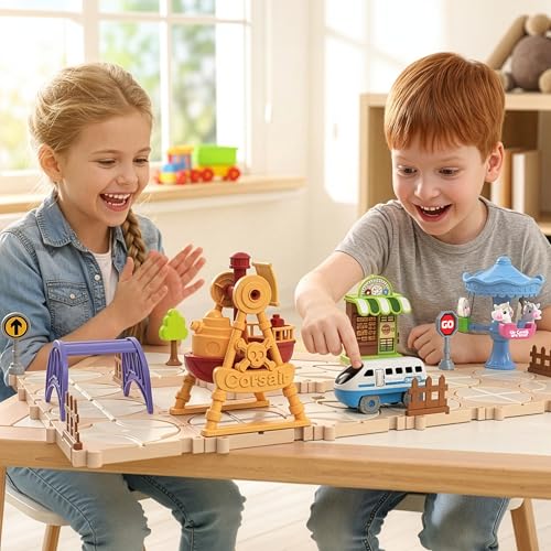 Image of PicassoTiles 74PC Train Track Builder Rotating Reversible Engineering Playset w /Vehicle & Decorative Accessories Car Racetrack Building Block Construction Set Road Game STEM Learning Toy Age 3+ PTR23