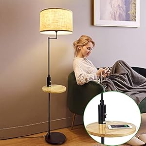 Depuley Lampadaire LED avec Table de Bois, Lampadaire 167cm avec Port USB, Lampe à Lumière Chaude E27, Style Design Classique et Moderne, Ampoule 9W fournir