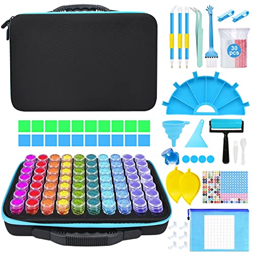 YUTUY 5D Diamond Painting Zubehör Boxen,70 Fächer Diamond Painting Aufbewahrungsbox,mit Koffer Trichter Pinzette Trichter Stickers,für Strass Perlen Nägel DIY Handwerk