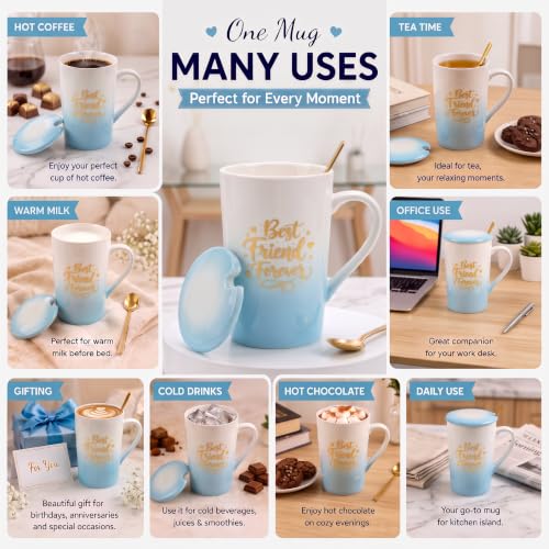 Image of ZAICUS Best Friend Forever Coffee Mug with Lid & Spoon, Ceramic Gift Mug | Perfect for Coffee, Tea & Daily Use | Perfect Friendship Gift | Home & Office Drinkware