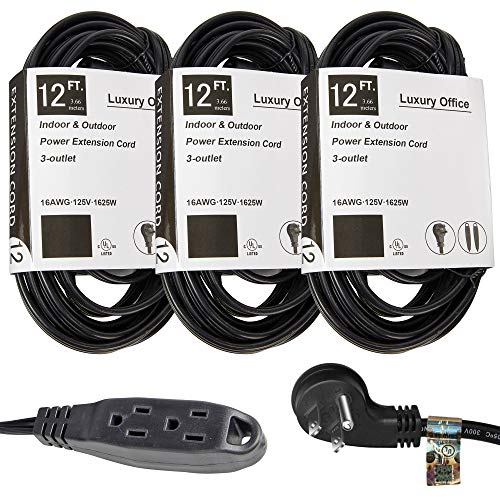 Top Brands 3 Way Power Splitter and 12' Extension Cord, 3 Pack With Angled Plug - 1 to 3 Cable Strip With 3 Pronged Outlets and Long Y Style Wire – Black - SJT 16 AWG – By Luxury Office Super Big Clearance! 3 Way Power Splitter and 12' Extension Cord, 3 Pack With Angled Plug - 1 to 3 Cable Strip With 3 Pronged Outlets and Long Y Style Wire – Black - SJT 16 AWG – By Luxury Office