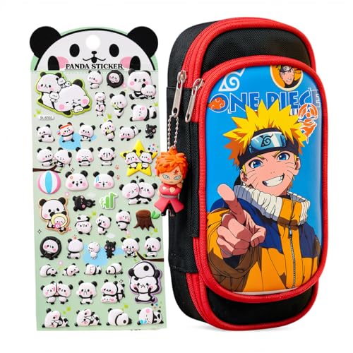Image of KiddiBox One Piece Anime Pencil Case, Blue Double Zipper Stationery Pouch with Character Charm, School Supply with Keychain (Combo Pouch & Stickers)
