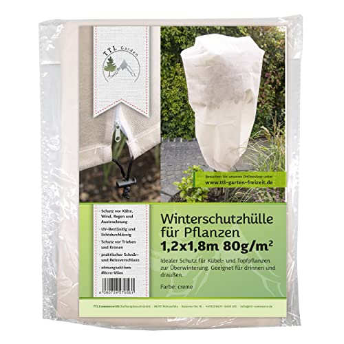 TTL Garden 120 x 180 cm Winterschutz Haube für Pflanzen 80g/m² beige - Premium Vlies Schutzhülle mit Reißverschluss, Frostschutz Haube für Kübelpflanzen Palmen Oliven - gegen Frost Wind Austrocknung Cover