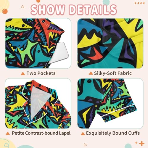 senya Cartoon Sharks Satin Summer Pajama Sets Silk Short Sleeve Button Down Sleepwear3