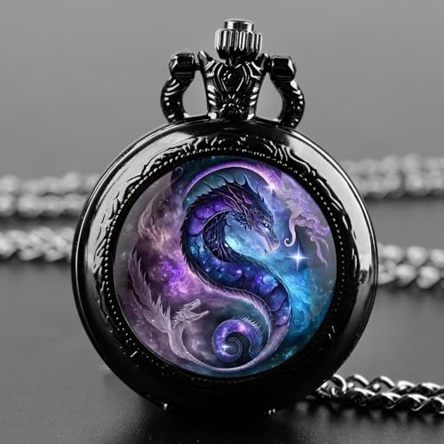 Image of Purple Dragon Design Glass Dome Exquisite Small Black Quartz Pocket Watch with Arabic Numerals Dial and Chain Ideal Gift for Any Occasion