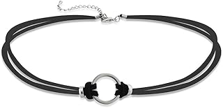 CHUVORA Zinc Open Circle Pendant Multi-Layer Black Suede Leather Choker Collar Necklace, Expandable 16-18"