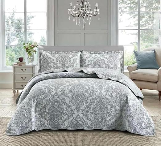 Luxurious 4-Piece Bedding Set: Soft Polyester-Cotton Duvet Cover with Extra Fitted Sheet and Pillow Cases – Effortless Elegance for Your Bed (Damask Grey, 4 Peice Super King)