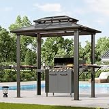 Aoxun Grill Gazebo 8 x 5FT, Aluminum BBQ Gazebo with Double Polycarbonate Top, Grill Canopy Hardtop with Shelves for Lawn, Patio, Garden
