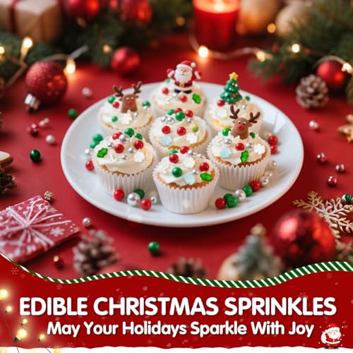 Image of Edible Christmas Sprinkles for Cake Decorating,130g,White and Blue Snowflake,White Candy Cane,Red Silver Pearls,Christmas Trees,Nonpareils,Sugar Holiday Sprinkle for Cupcake Toppers,Cookie,Ice Cream Decorations Winter Theme Party Supplies