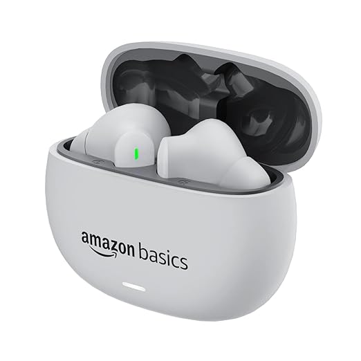 amazon basics True Wireless in-Ear Earbuds with Mic, Low-Latency Gaming Mode, Touch Control, IPX5 Water-Resistance, Bluetooth 5.3, Up to 60 Hours Play Time, Voice Assistance and Fast Charging (White) at Rs. 899