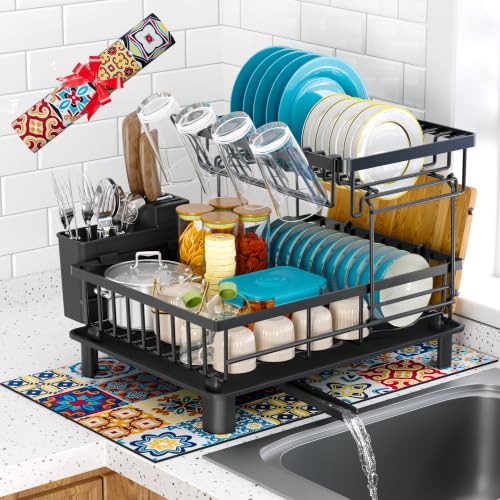 Image of 2 Tier Large Detachable Dish Drying Rack for Kitchen Counter,Black | Compact Drying Rack Kitchen, Rust-Resistant Dish Drainer Organizer, Space-Saving Dish Racks with Drainboard, Utensil Holder