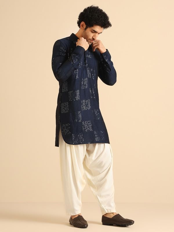 Kisah Men's Kurta, Navy Blue Cotton Blend, Embellished Regular Fit Mandarin Collar Long Sleeves (42)