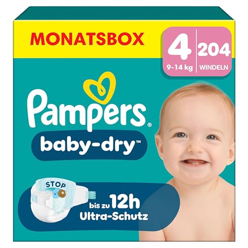 Pampers Baby-Dry Größe 4, 204 Windeln, 9kg-14kg, Bis zu 100%...
