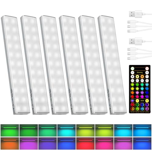 EZVALO 80 RGB Color Changing Under Cabinet Lighting Wireless, 1800mAh Rechargeable Shelf Lights, Magnetic, Timer & Dimmable Bar Light with Remote for Kitchen, Display Case, Cabinet, 6Pack