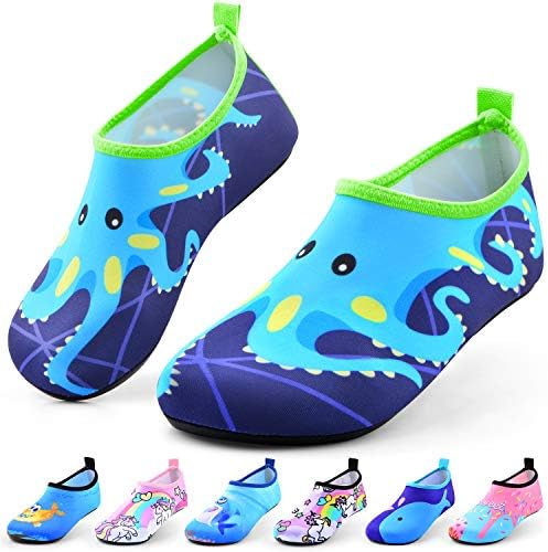 Sunnywoo Water Shoes for Kids Girls Boys,Toddler Kids Swim Water Shoes Quick Dry Non-Slip Water Skin Barefoot Sports Shoes Aqua Socks for Beach Outdoor Sports,11-12 Little Kid,Blue Octopus