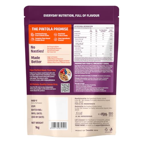 Image of Pintola 25g High Protein Muesli, Fruit & Nut, 1kg | Gluten-Free, Naturally Sweetened with Organic Jaggery & Dates, 22% Fruits, Nuts & Seeds, No Refined Sugar, Healthy Breakfast Cereal