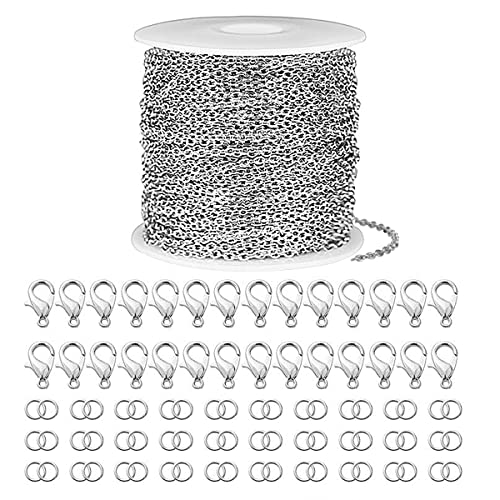 5m Ketten,2.4mm Edelstahl Kabel Kette Silber Halsketten,Basteln Gliederkette,Silber DIY Chain mit 30 Karabinerverschluss und 60 Sprung Ringe,Verdrehte Ketten Panzerketten für DIY Schmuckherstellung