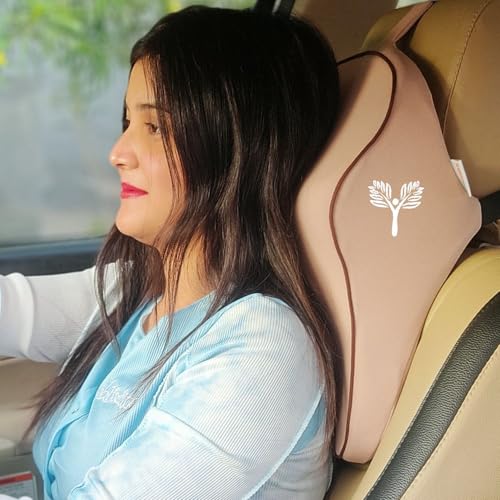 Image of Grin Health Orthopedic Car Neck Rest Pillow -Large Plus | Extra Deep Car Seat Neck Support Head Rest Cushion for Long Drives & Neck Relief | Memory Foam Neck Pillow for Car & Office (Beige)