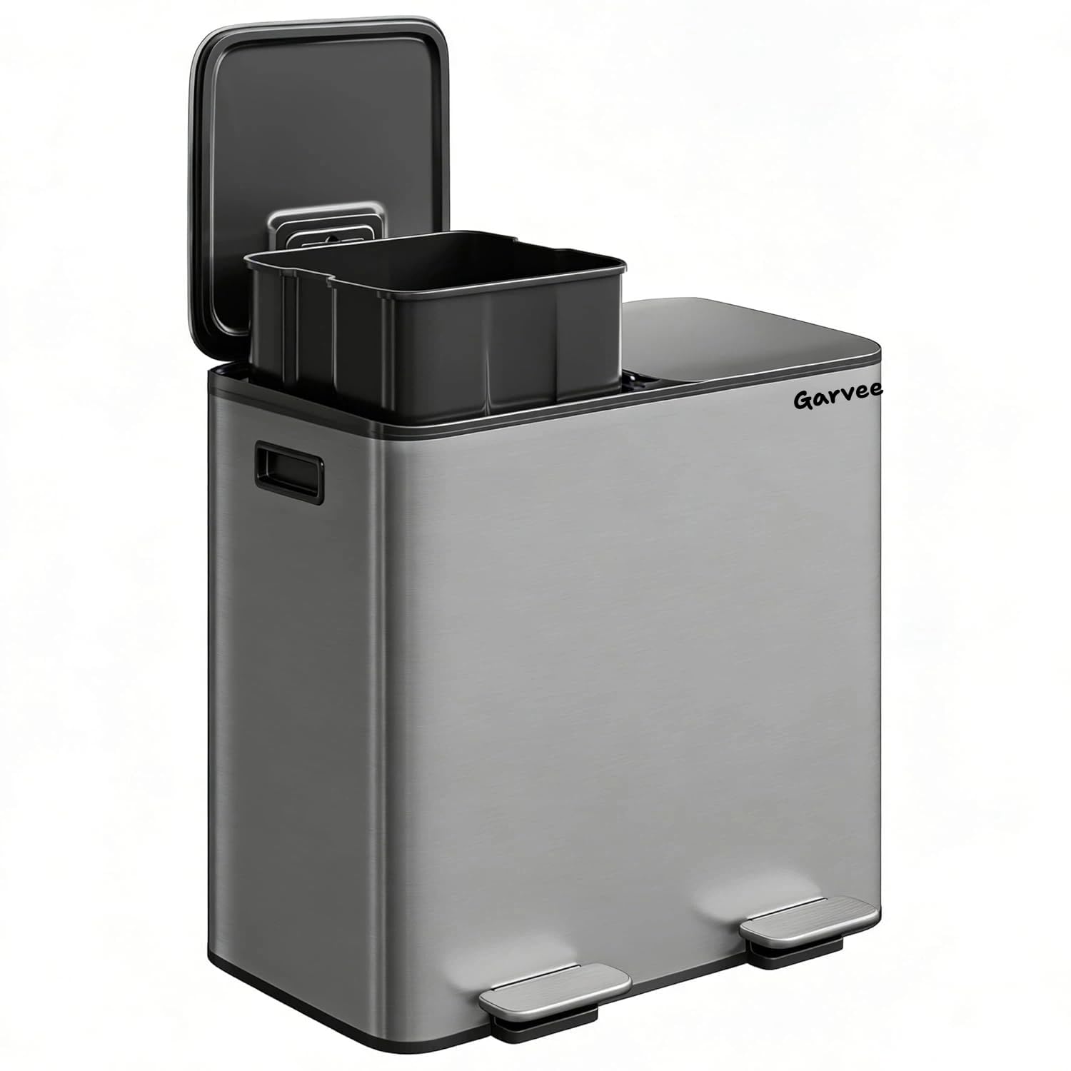 Garvee Double Trash Can, 2 x 8 gal (2 x 30 L) Garbage Can for Kitchen Dual Compartment Recycling Kitchen Step Trash Bin, Stainless Steel Trash and Recycle Bin Combo with Soft-Close Lid,Matte Grey
