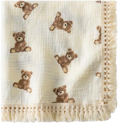 Image of Little Jump Cotton Muslin Swaddle Blankets with Tassel, Boho Bohimia Muslin Baby Blanket Neutral with Fringe, Vintage Teddy Bear Nursery Decor Muslin Throw Blanket 47" x40" (Teddy Bears)