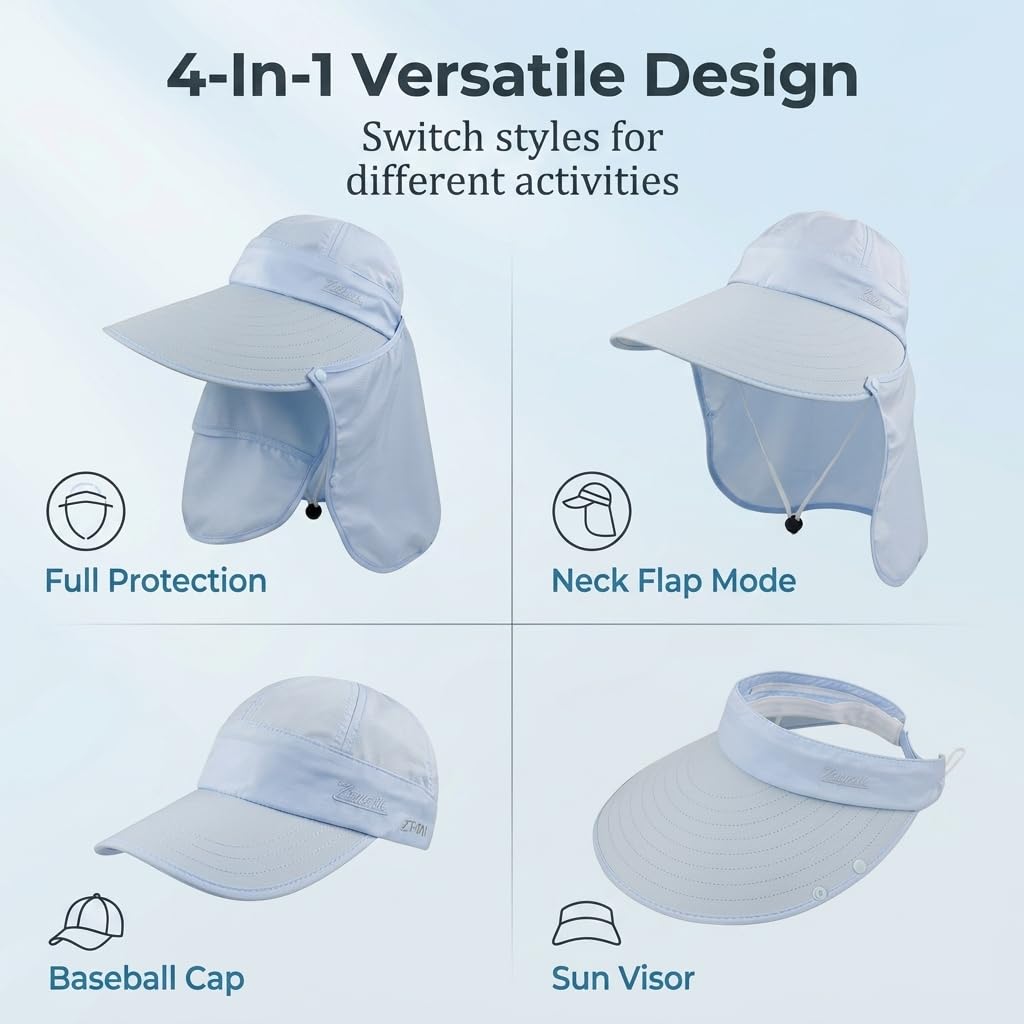 Gustave® Women Wide Brim Sun Hat UV Protection Detachable Flaps Blue