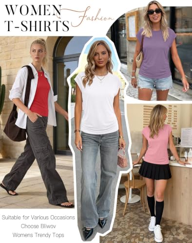 Image of Bliwov Womens Summer Tops Cap Sleeve Crew Neck Casual T Shirts