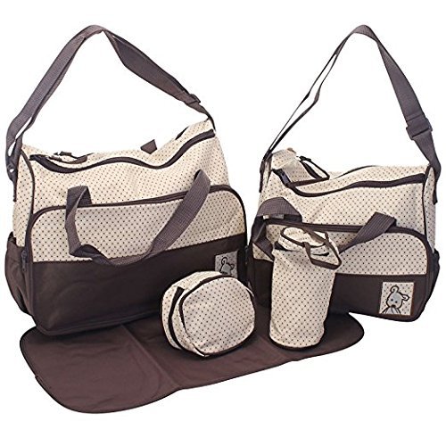 Tinny Tots 5pcs/Set Baby Diaper Bag Nappy Mummy Bag Print Maternity Handbag Changing Baby Messenger Bag (Brown)