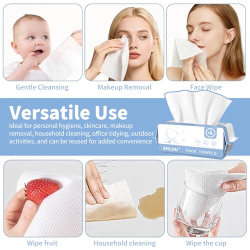 Image of Disposable Face Towels 200 Count, Ultra Soft & Thick Facial Towels for Sensitive Skin, Biodegradable & Lint-Free Makeup Remover Dry Wipes, Multi-Purpose Cleansing Towelettes for Face Wipes