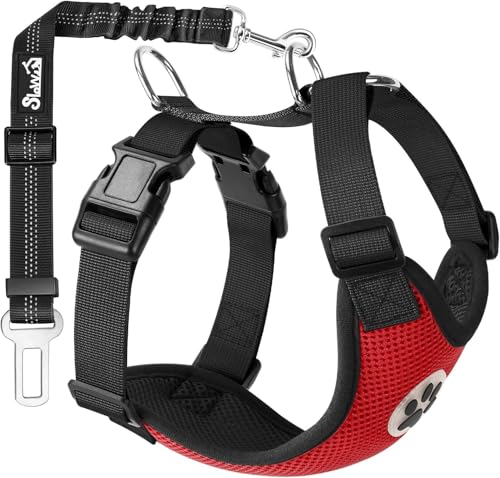 SlowTon Arnés de Coche para Perro con Correa de Conector, multifunción, Ajustable, Doble Tejido de Malla Transpirable, arnés de Chaleco de Viaje con cinturón de Seguridad Rojo