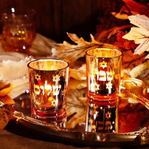 Image of Honeydak Set of 2 Shabbat Candles Holders Gold Jewish Judaica Gift Set Electroplated Glass Modern Shabbat Candlestick Holders for Tea Lights Hanukkah Gifts