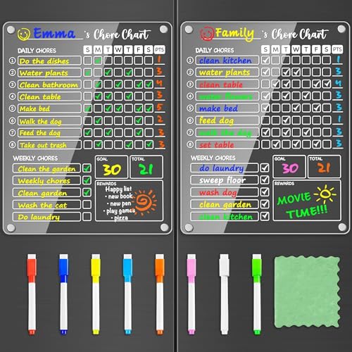 PigPotParty Acrylic Magnetic Chore Chart for Kids, 2 Pack 12 x 9.5 Inch Reward Chart for Multiple Kids and Teens, Dry Erase Chore Board for Fridge, Embedded Magnets, 8 Wet Erase Markers and 1 Towel