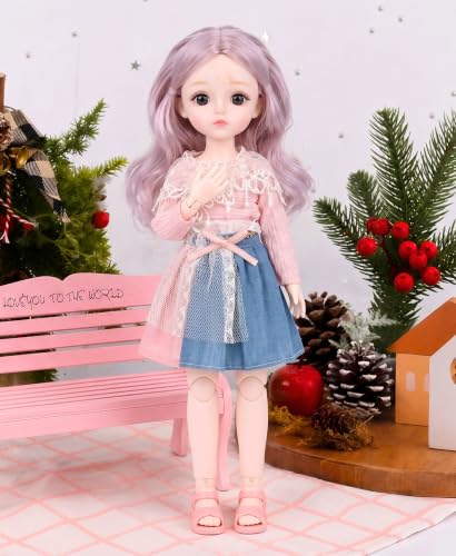 Image of Tickles Set Movable Jointed Cute Girl Brown Eyes Fashionable Doll Multicolor Flower Print for Kids Girls (Size: 30 cm Color: Pink & Blue)