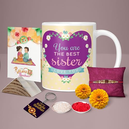 Image of Raksha Bandhan Gifts Printed Mug with Keychain Best Rakhi Combo Gift for Brother & Sister Rakshabandhan Return Gifts for Sister White 350ml Tea /Coffee Mug(Pack of 5)(RMKRCG101)