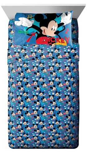 Image of Disney Mickey Mouse Twin Comforter Set 5 Piece Kids Cartoon Bedding, Blue | Bed in a Bag, Comforter Sheets Sham Pillowcase, Official Product, Soft Microfiber, Machine Washable, Easy Care, Boys Gift