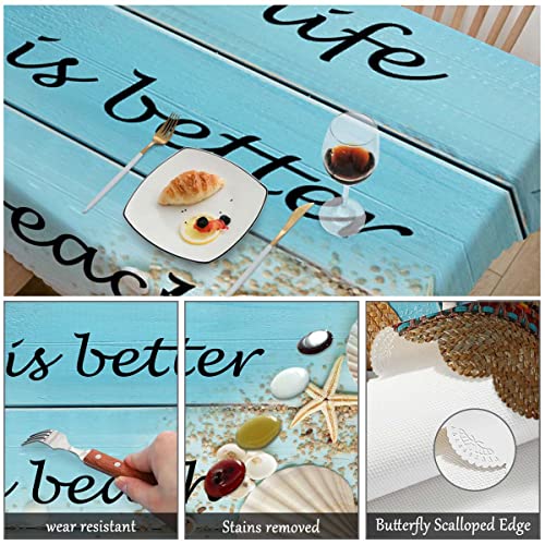Swono Beach Wood Tablecloth Straw Hat Seashell Starfish Rectangle Table Cloth, Life Is Better At The Beach Quote 52X 70 Inch Tablecloth Plaid Table Cover For Kitchen Holiday Dinner #TOP5