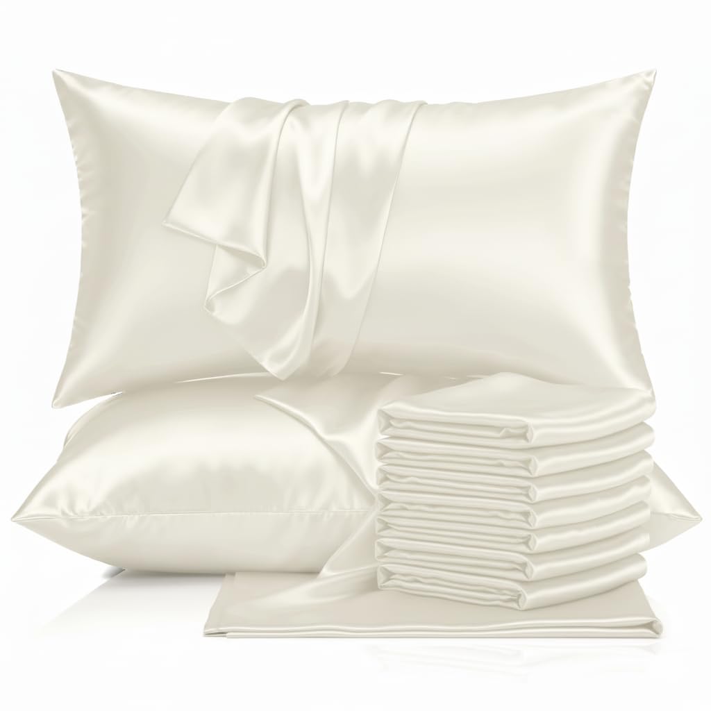 Aspire Homeware Ivory Silky All Season Pillow Cases 12 Pack - Super Soft Satin Pillowcase Feels Like Silk Pillowcase - Silk Pillowcases For Hair And Skin Care (50X75cm)