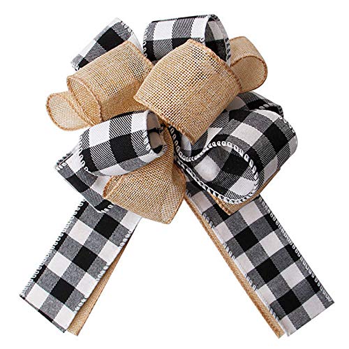 LOKESI Black White Buffalo Plaid Burlap Wreath Bow Multi Layed Gift Bows Wreath Bow Wall Ornaments Christmas Tree Topper Bows for Holiday Home Front Door Decorations, 11 x 7 inch