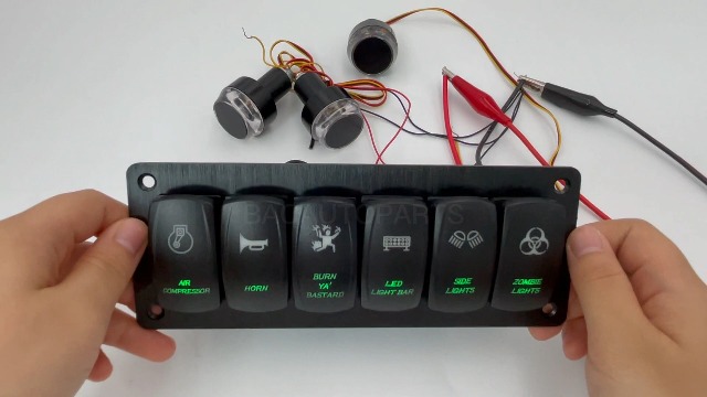 Image of 6 Gang UTV Rocker Switch Panel Pre-Wired Aluminum Green Led Marine Grade Boat Switch Panel for Truck Pontoon Camper ATV Console Waterproof 12V 24V IP66
