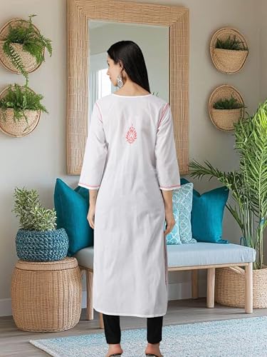 Image of Seva Chikan Hand Embroidered Lucknowi Chikankari Regular Straight Cotton Kurta Kurti for Women SCL4243