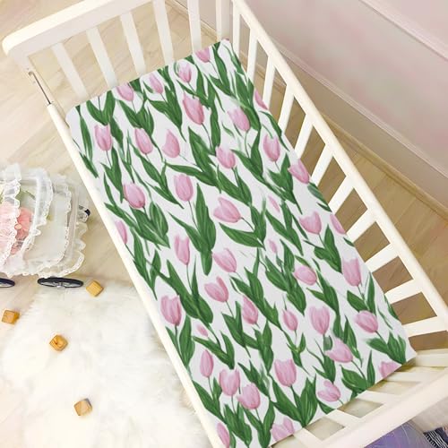 Image of Crib Sheet Breathable Soft Crib Mattress Sheet for Baby Toddler Boys Girls Fitted Crib Sheet Fit Standard Crib Mattress 39 x 27 Inch Small Tulips Pink