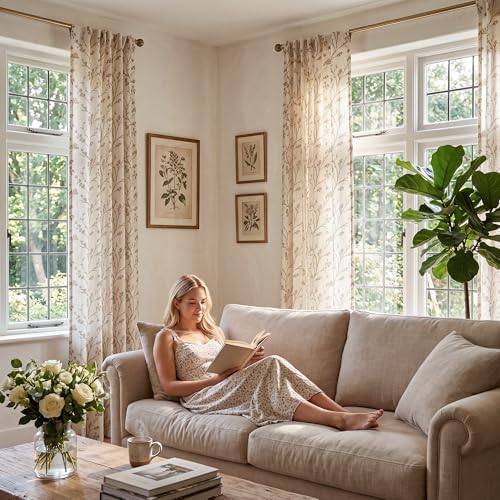 Image of THREE GIRLS Floral Linen Shree Printed Curtains 120 Inches Light Filtering Vintage Farmhouse, Back Tab Rod Pocket Cottage Core Drapes for Living Room Bedroom Dining Room, Beige on Beige, 2 Panels