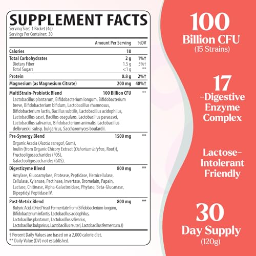 Image of Probiotic Powder, Probiotics for Gut Health, 100 Billion CFU, 30 Packets | 4-in-1 Formula - Prebiotics, Probiotics, Postbiotic & 17 Digestive Enzymes, Probiotics for Digestive Health & Bloating Relief