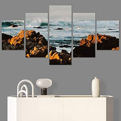 SIGNWIN 5 Panel Canvas Wall Art Coastal Orange...