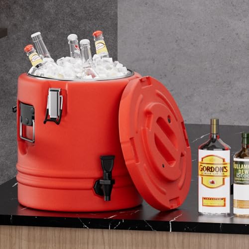 Image of Insulated Beverage Dispenser - 5.3 Gallons, 304 Stainless Steel Insulated Soup Carrier Hot and Cold Insulated Bucket with Faucet Portable for Kitchen Restaurants Parties - Red Insulated Bucket